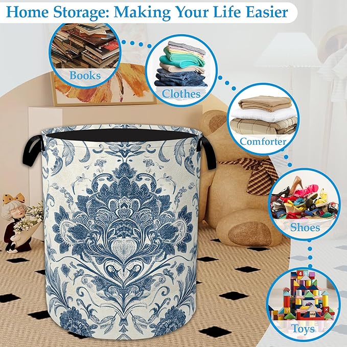 Vintage Blue Floral Laundry Basket Collapsible Laundry Hamper Clothes Toy Storage Bin for Bathroom Bedroom Room Decor 16" X 2