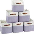 FinishingBo Cube Storage Baskets 6 Pack, 11x11 inch Cube Storage Bins with Leather Handles for Shelf Closet (White/ Purple)