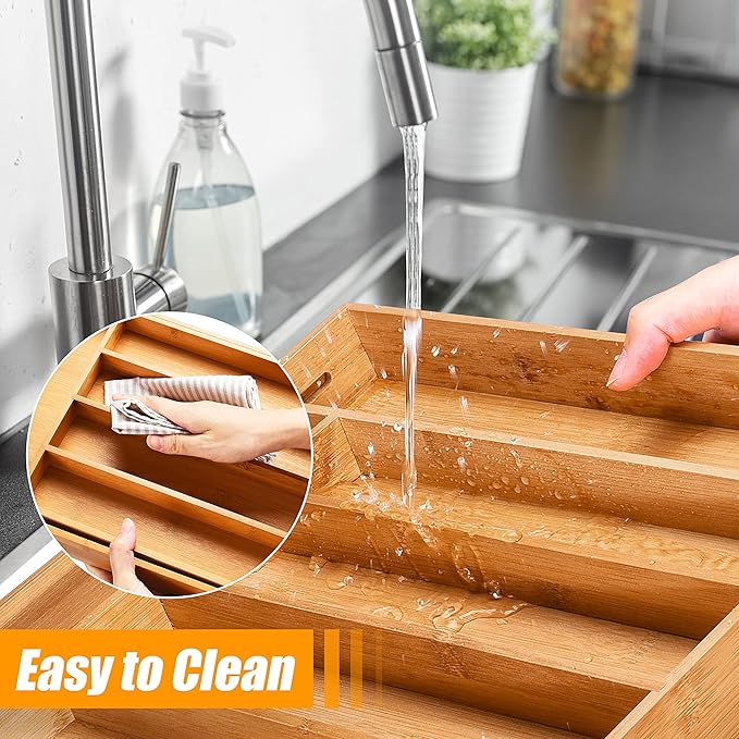Bellsal Silverware Organizer Kitchen Drawer Organizer Expandable Bamboo Utensil Holder Cutlery Tray for Kitchen Utensil and F