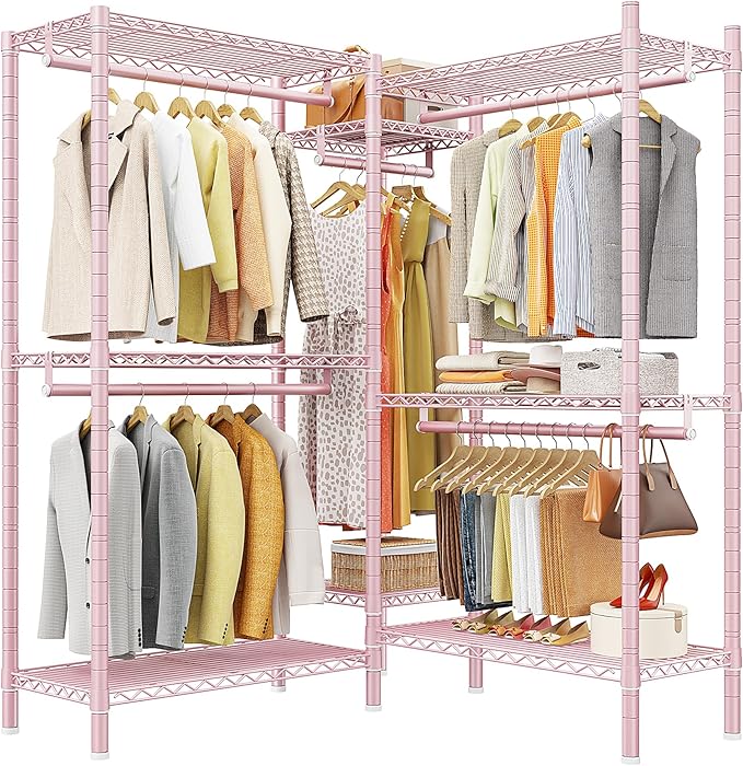 Raybee Clothes Rack, Clothing Racks for Hanging Clothes, L Shaped Clothing Rack for Corner 900LBS Heavy Duty Clothes Rack Gar