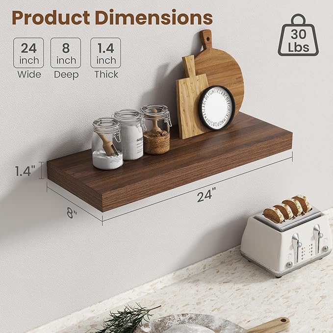 24 Inch Floating Shelves for Wall, 8 Inch Deep Floating Shelf for Storage & Display, Rustic Wall Mounted Shelf with Invisible