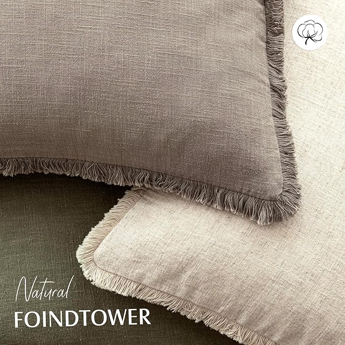 Foindtower Set of 2 Decorative Linen Fringe Throw Pillow Covers Boho Farmhouse Cushion Cover with Tassels Accent Pillowcase f