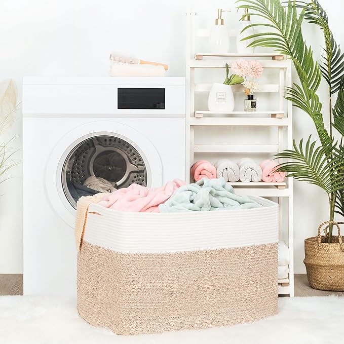 MINTWOOD Design 112L Extra Large Blanket Basket Holder Living Room, 25"x17"x16" Rectangle Rope Woven Storage Basket with Hand