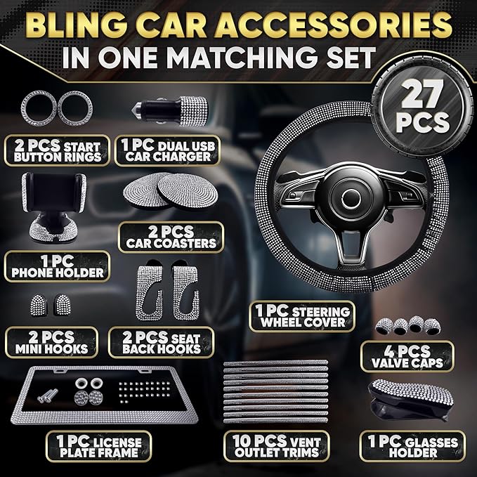 Bling Car Accessories Set 27 Pieces – Silver Steering Wheel Cover, Diamond License Plate Frame, Rhinestone Interior Car Decor, Cup Holders, Hooks, Universal Fit, Great Gift for Auto Lovers