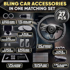 Bling Car Accessories Set 27 Pieces – Silver Steering Wheel Cover, Diamond License Plate Frame, Rhinestone Interior Car Decor, Cup Holders, Hooks, Universal Fit, Great Gift for Auto Lovers