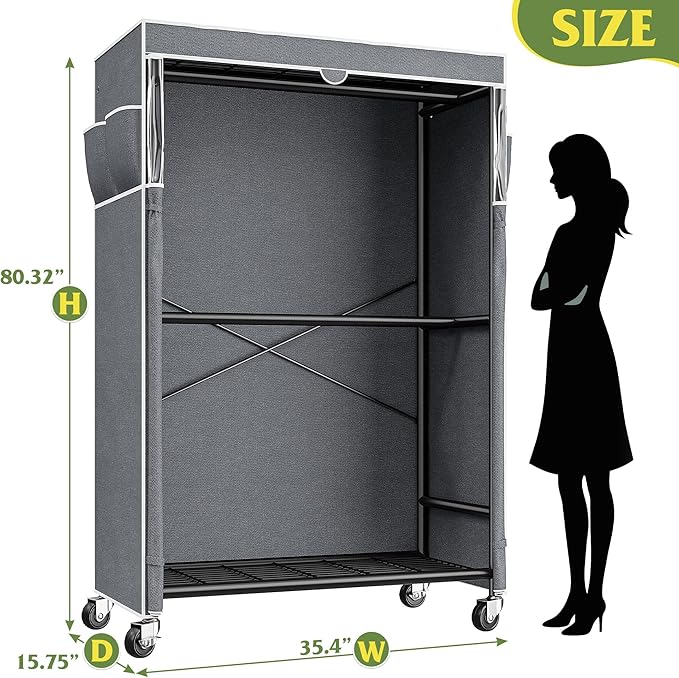 Raybee 80.32" H Clothes Rack with Cover,Rolling Clothing Racks for Hanging Clothes with Wheels,Heavy Duty Portable Garment Ra
