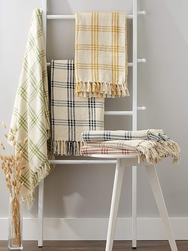 DII Modern Farmhouse Plaid Collection Cotton Fringe Throw Blanket, 50x60, White/Antique Green
