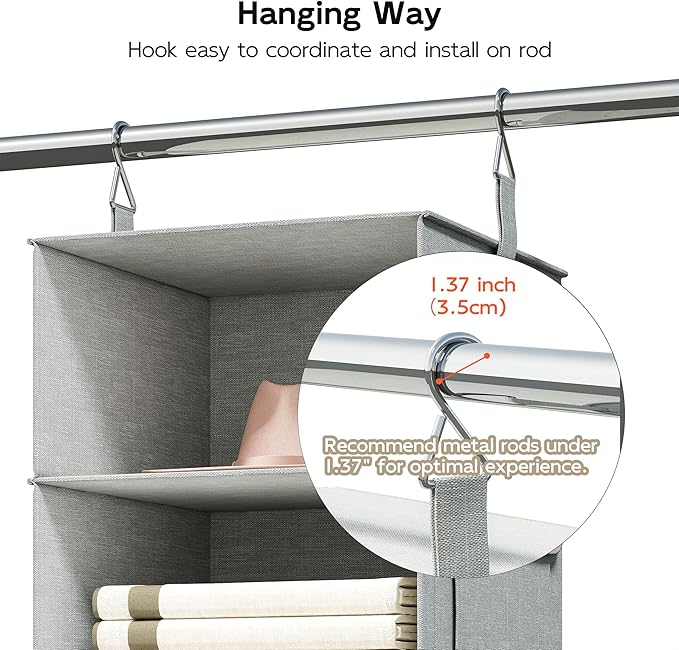 Vailando 6-Tier Hanging Shelves for Closet, Two 3-Shelf Hanging Closet Organizer w/ 4 Side Pockets and 3 Drawers, Combinable 