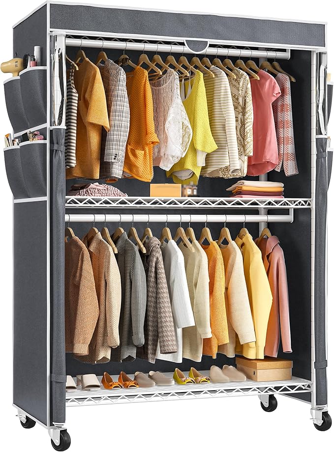 Raybee Clothes Rack with Cover, 45" W Heavy Duty Clothing Racks for Hanging Clothes, Portable Closet with Adjustable Shelves 