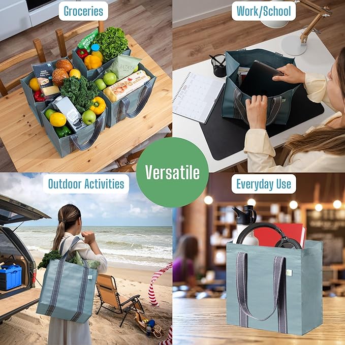 VENO 2-4 Pack Reusable Grocery shopping Bags, Medium Tote Bag w/Handle Hard Bottom, Heavy Duty, Foldable Carrier