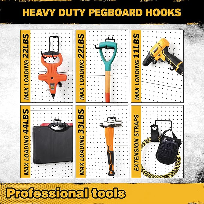 ELEAD 12-Piece Pegboard Hooks with Extension Straps, Heavy Duty Organizer Pegboard Accessories Fit for 1/4" Pegboard, Peg Boa