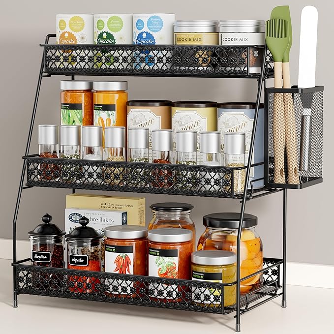 Vintage 3 Tier Spice Rack Organizer for Kitchen Counter, Bathroom Counter Organizer with Bonus Basket, 3 Tier Bathroom Counte