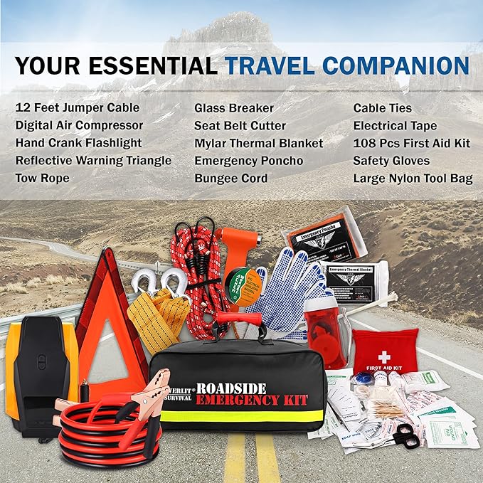 Everlit Survival Car Emergency Kit, Roadside Safety Tool Kit with Gloves,Digital Auto Air Compressor Tire Inflator, First Aid