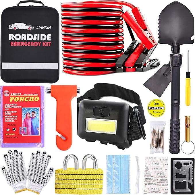 Car Emergency Roadside Tool Kit, Emergency Kits for Vehicles, Road Side Safety Assistance Kit ,With Jumper Cables for Car,Hea