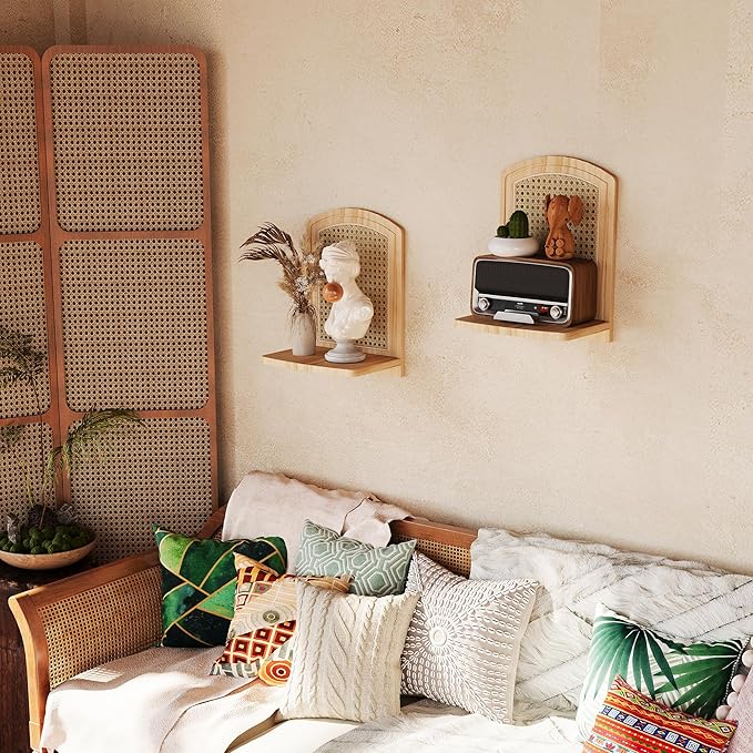 Rattan Shelf Set of 2, 9.8''Natural Wood Rattan Shelf with Wicker Decor, Boho Wall Decor Small Floating Shelves for Plant Fig