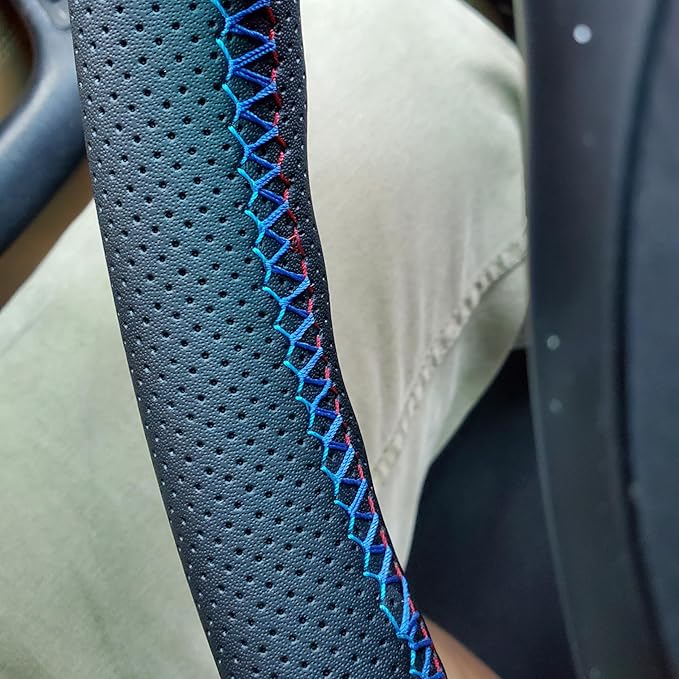 Hand Sewn Black Perforated Ultra-Fine Fiber Leather Steering Wheel Cover, for BMW 228i 230i 320i 328i 330i 335i 340i 428i 430i 435i 440i 525i 535i 550i 640i 650i