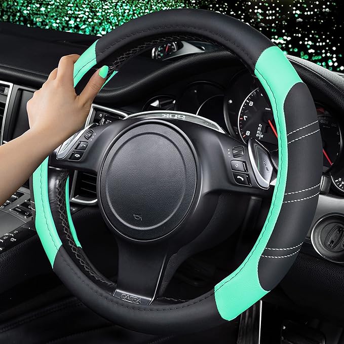 CAR PASS Line Rider Microfiber Leather Sporty Steering Wheel Cover Universal Fits for 95% Truck,SUV,Cars, 14.5-15 inch Anti-S