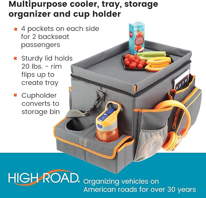 High Road CarHop Car Seat Organizer - Front Seat Organizer for Driver and Back Seat Organizer for Kids with Cup Holders, Study Tray Lid, Side Pockets and Cooler or File Compartment (Gray)