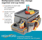 High Road CarHop Car Seat Organizer - Front Seat Organizer for Driver and Back Seat Organizer for Kids with Cup Holders, Study Tray Lid, Side Pockets and Cooler or File Compartment (Gray)
