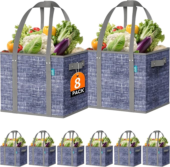 Fab totes Reusable Grocery Bags, Large Foldable Shopping Tote Bags with Reinforced Handles & Hard Bottom,8 Pack,Blue