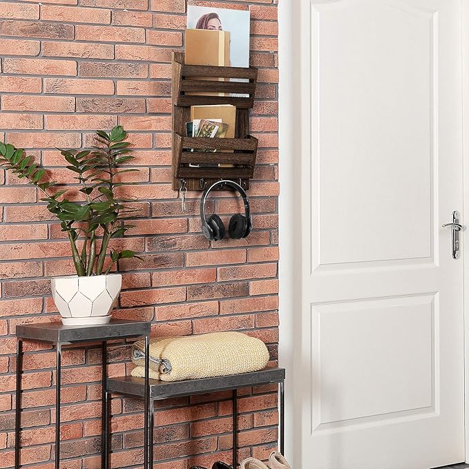 BTY Mail Holder for Wall, Wooden Mail Sorter with 4 Key Hooks, 2 Slot Wall Mounted Mail Sorter Letter Bills Newspaper Magazin