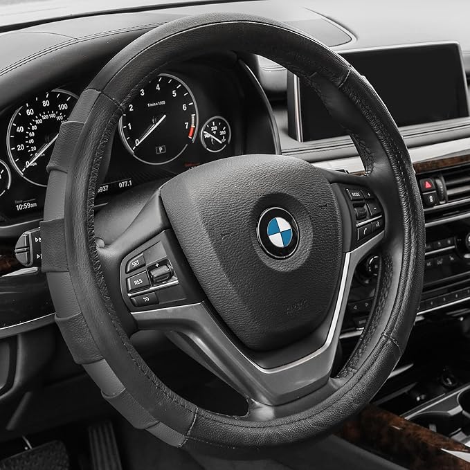 FH Group Universal Fit Genuine Leather Sport Gray Steering Wheel Cover Fits Most Cars, SUVs