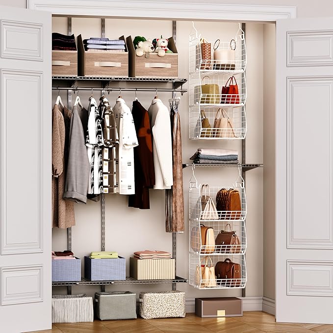 X-cosrack 3 Tier Foldable Closet Organizer, Clothes Shelves with 5 S Hooks, Wall Mount&Cabinet Wire Storage Basket Bins, for 