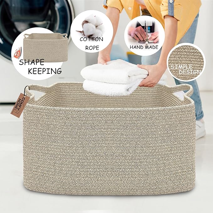 COMFY-HOMI Large Rectangular Blanket Basket, Woven Cotton Rope Baskets for Storage, Laundry Hamper Basket, Storage Bin,Toy Or