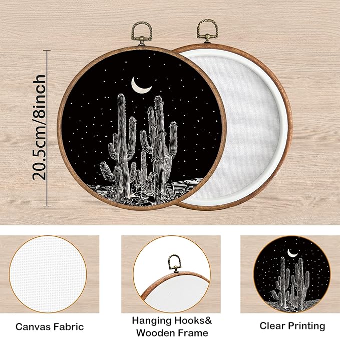 KSDUT Black Cactus Wall Art Decor - Western Wall Art Canvas Frame Hanging Prints, Vintage Southwestern Desert Eclectic Round 