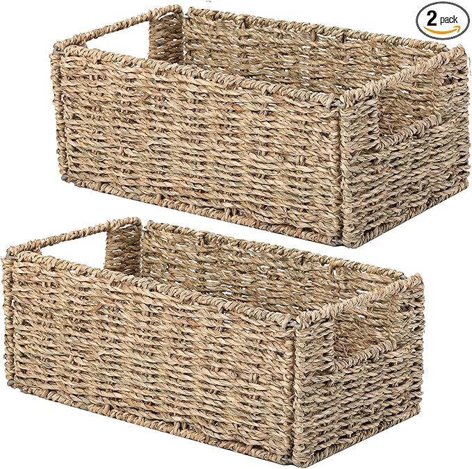 Vagusicc Wicker Storage Basket, Set of 2 Hand-Woven Storage Baskets for Organizing, Small Wicker Basket for Toilet Paper, Fol