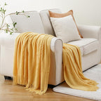 BATTILO HOME Mustard Throw Blanket with Fringe Geometric Bed Yellow Throws Summer Breathable Decorative Large Throw for Couch