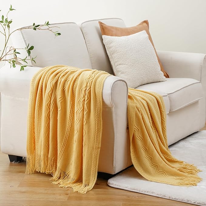 BATTILO HOME Mustard Throw Blanket with Fringe Geometric Bed Yellow Throws Summer Breathable Decorative Large Throw for Couch