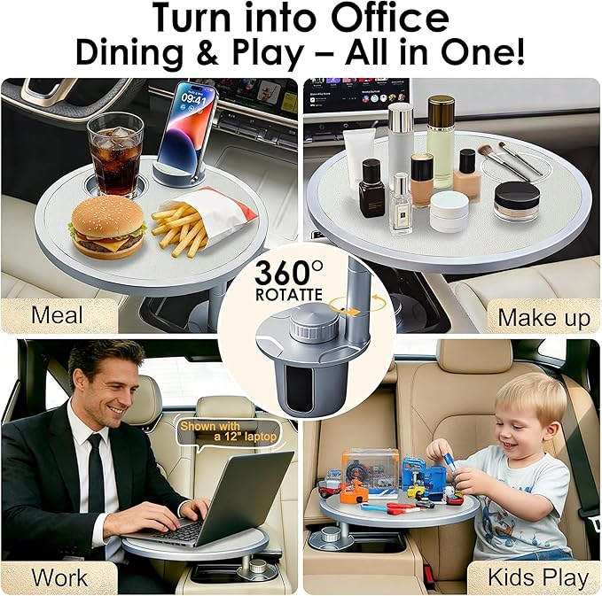 Car Food Tray & Car Table Tray with Car-Grade Aluminum Cup Holder & Phone Stand, Premium Wood with Leather Surface, 360° Rotating Car Desk for Laptop &Eating (Round, White)