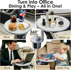 Car Food Tray & Car Table Tray with Car-Grade Aluminum Cup Holder & Phone Stand, Premium Wood with Leather Surface, 360° Rotating Car Desk for Laptop &Eating (Round, White)