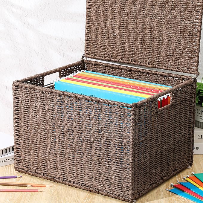 Cinnvoice Extra Large Decorative File Box 18 x 16 x 13 in Wicker Seagrass File Basket Organizer for Letter Legal Size Hand Wo