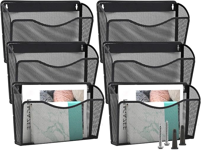 EASEPRES 6 Single Pocket Mesh Hanging File Organizer, Vertical Wall Mounted Magazine File Holder, Mount Basket Mail Paper Doc