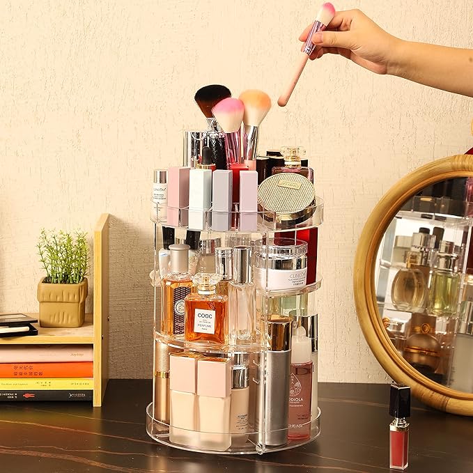 Cq acrylic Rotating Makeup Organizer,Adjustable Spinning Skincare Organizer for Vanity,Countertop,Clear Rotating Perfume Orga