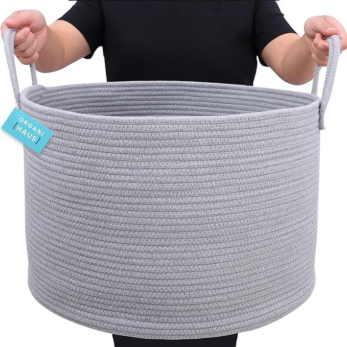 OrganiHaus Large Woven Storage Basket for Blankets and Toys 20" x 13" Inch, Rope Laundry Basket with Handles, Cushions & Pill