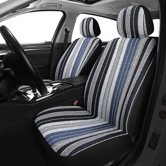 Pariitadin Baja Saddle Blanket Car Seat Covers Front Set with Seat Belt Pads, Washable Breathable Striped Woven Cloth Seat Co