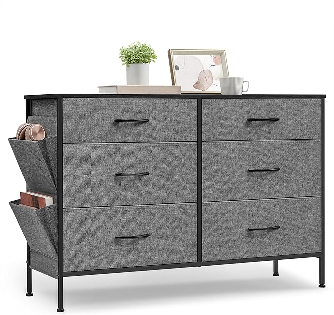 SONGMICS 6-Drawer Dresser for Bedroom, Chest of Drawers with Side Pockets, Drawer Dividers, Fabric Storage Organizer for Clos