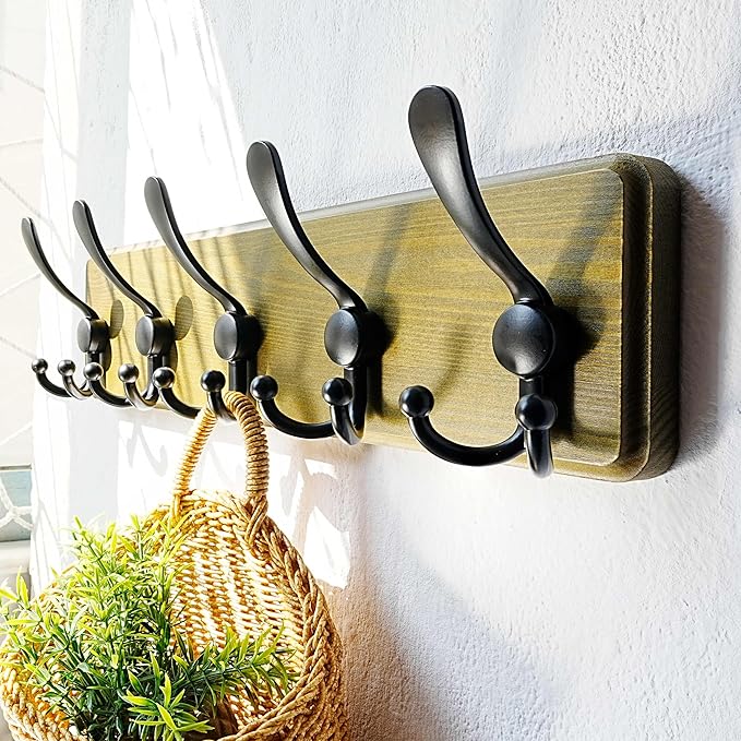 Dseap Coat Rack Wall Mount - Heavy-Duty Robust Barnwood-Style Wooden Wall Coat Hanger Hook Rail with 5 Triple Hooks for Winte