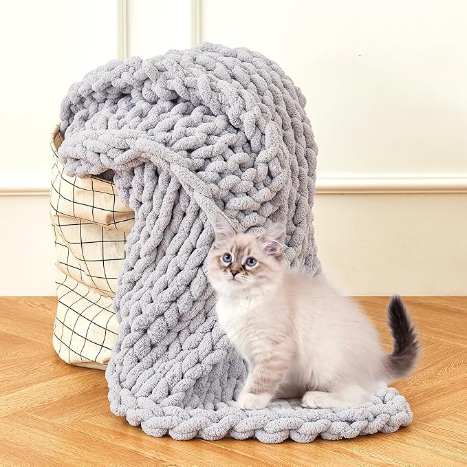 Admitrack Chunky Knit Blanket Throw, 100% Hand Knit Chenille Throw Blanket for Sofa & Home Decor, Soft and Cozy Knitted Throw
