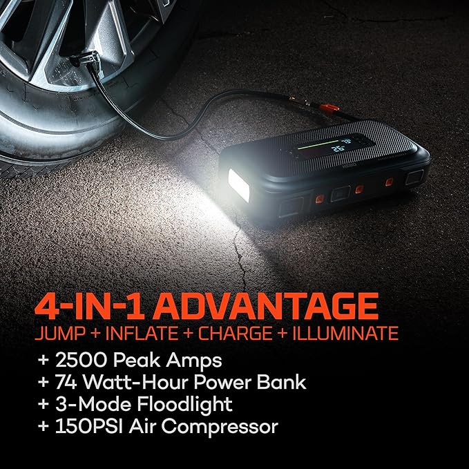 NEBO Assist Air 2500XP+ Jump Starter and Air Compressor | 4-in-1 2500 Amps Car Jump Starter, Air Compressor 150 PSI,