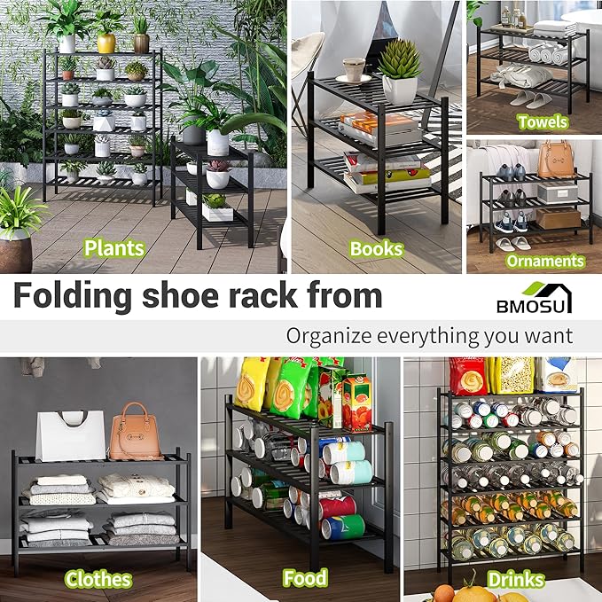 BMOSU 3-Tier Bamboo Shoe Rack Premium Stackable Shoe Shelf Storage Organizer for Hallway Closet Living Room Entryway Organize