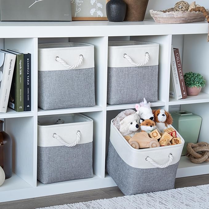 OrganiHaus 11x11 Cube Storage Bins 4 Pack, Foldable Cube Storage Organizer w/ Rope Handles, Collapsible Fabric Bins for Toys,