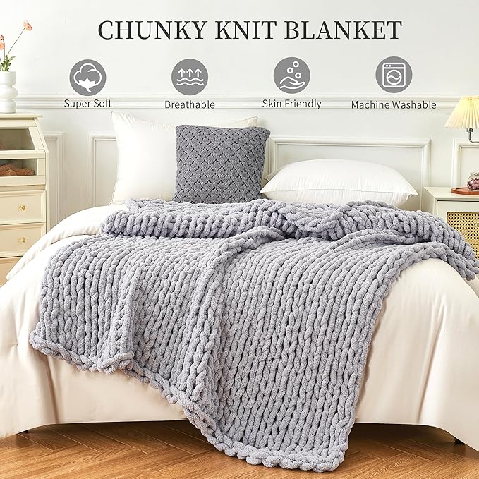 Admitrack Chunky Knit Blanket Throw, 100% Hand Knit Chenille Throw Blanket for Sofa & Home Decor, Soft and Cozy Knitted Throw