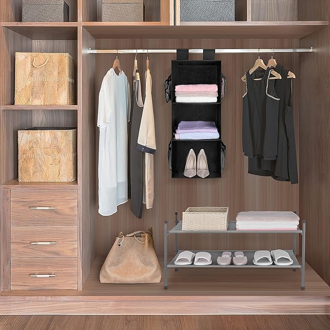 MAX Houser 3-Shelf Hanging Closet Organizer, Hanging Sweater Organizer, Foldable Hanging Shelves for Closet with 2 Velcro, Bl