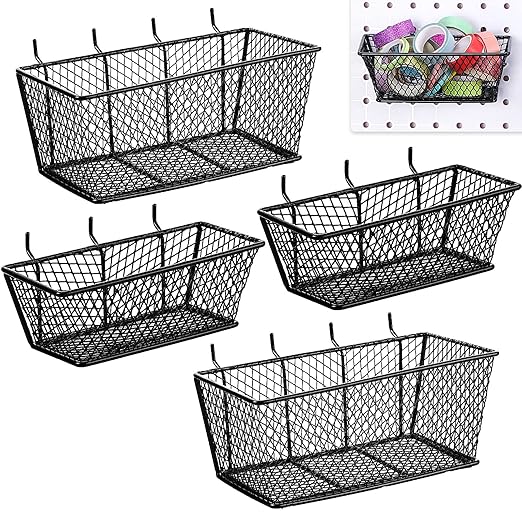 Sieral 4 Pcs Black Pegboard Baskets Metal Wire Shelf Baskets Peg Board Organizer Accessories Wall Mount Organizer Attachments