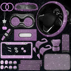 25PCS Bling Car Car Accessories Set,15 Inch Steering Wheel Cover,Shiny License Plate Frame,Center Console Cover and Rearview Mirror Set and Other Car Accessories(Purple)