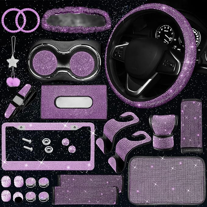 25PCS Bling Car Car Accessories Set,15 Inch Steering Wheel Cover,Shiny License Plate Frame,Center Console Cover and Rearview Mirror Set and Other Car Accessories(Purple)